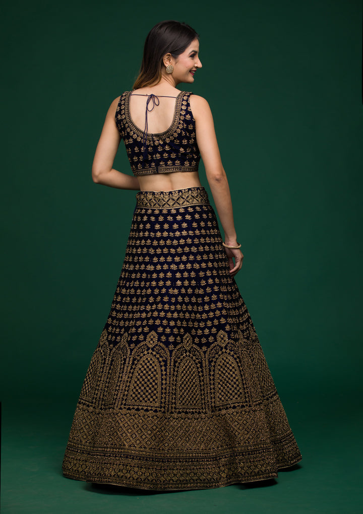 Navy Blue Stonework Velvet Lehenga-Koskii