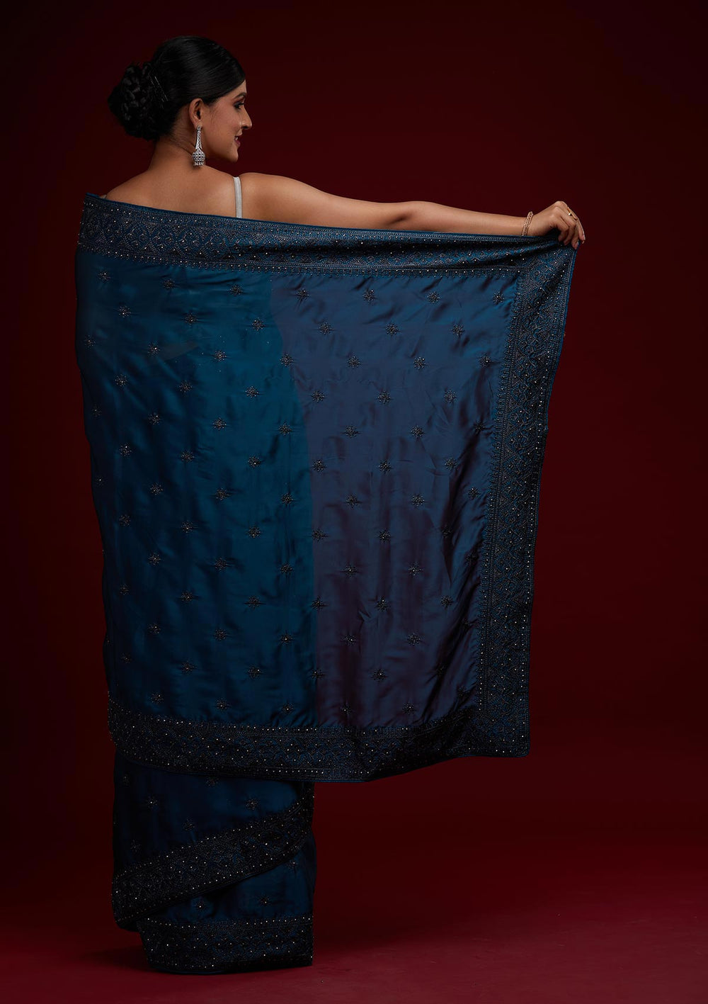 Navy Blue Swarovski Satin Saree-Koskii