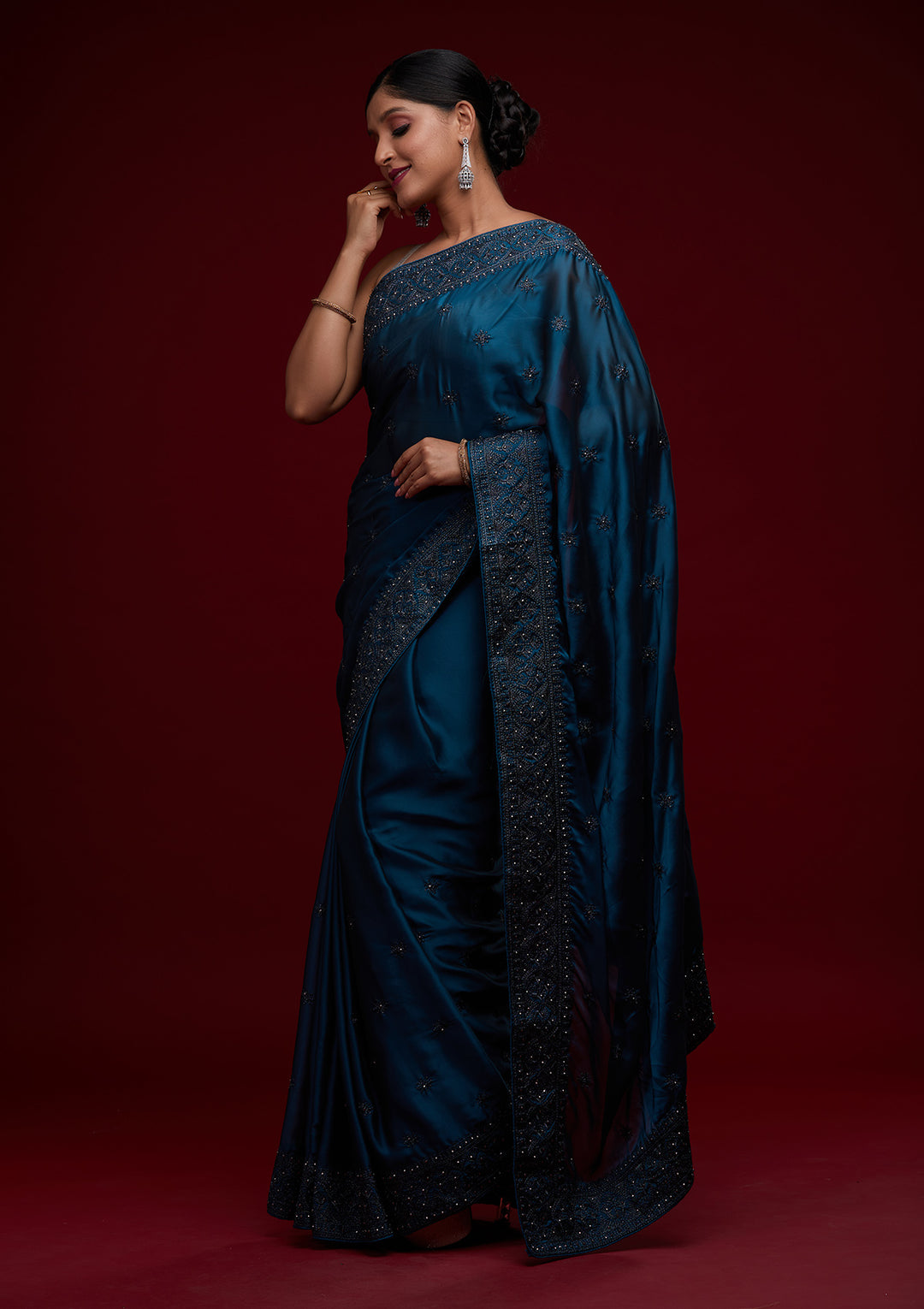 Navy Blue Swarovski Satin Saree-Koskii