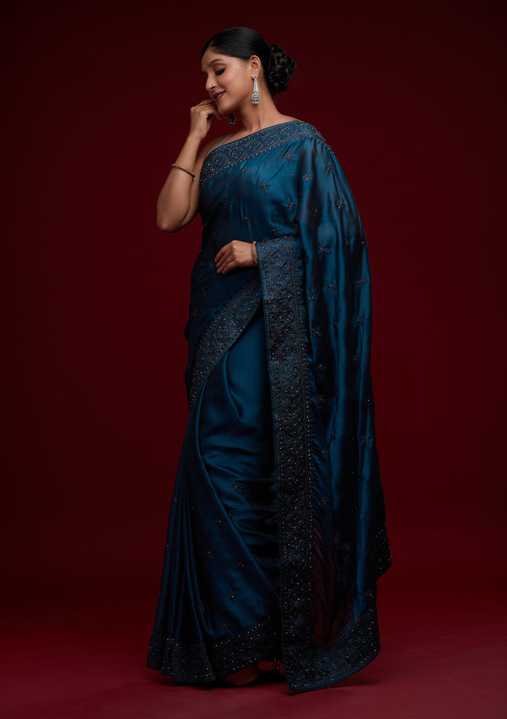 Navy Blue Swarovski Satin Saree-Koskii