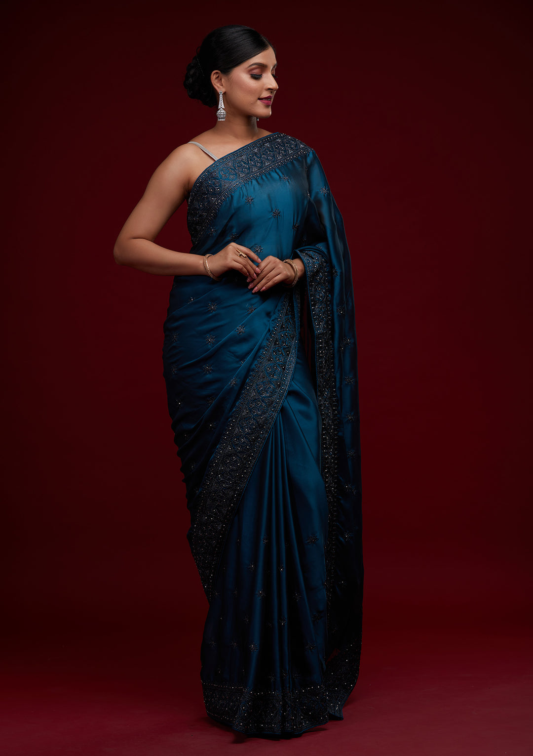 Navy Blue Swarovski Satin Saree-Koskii