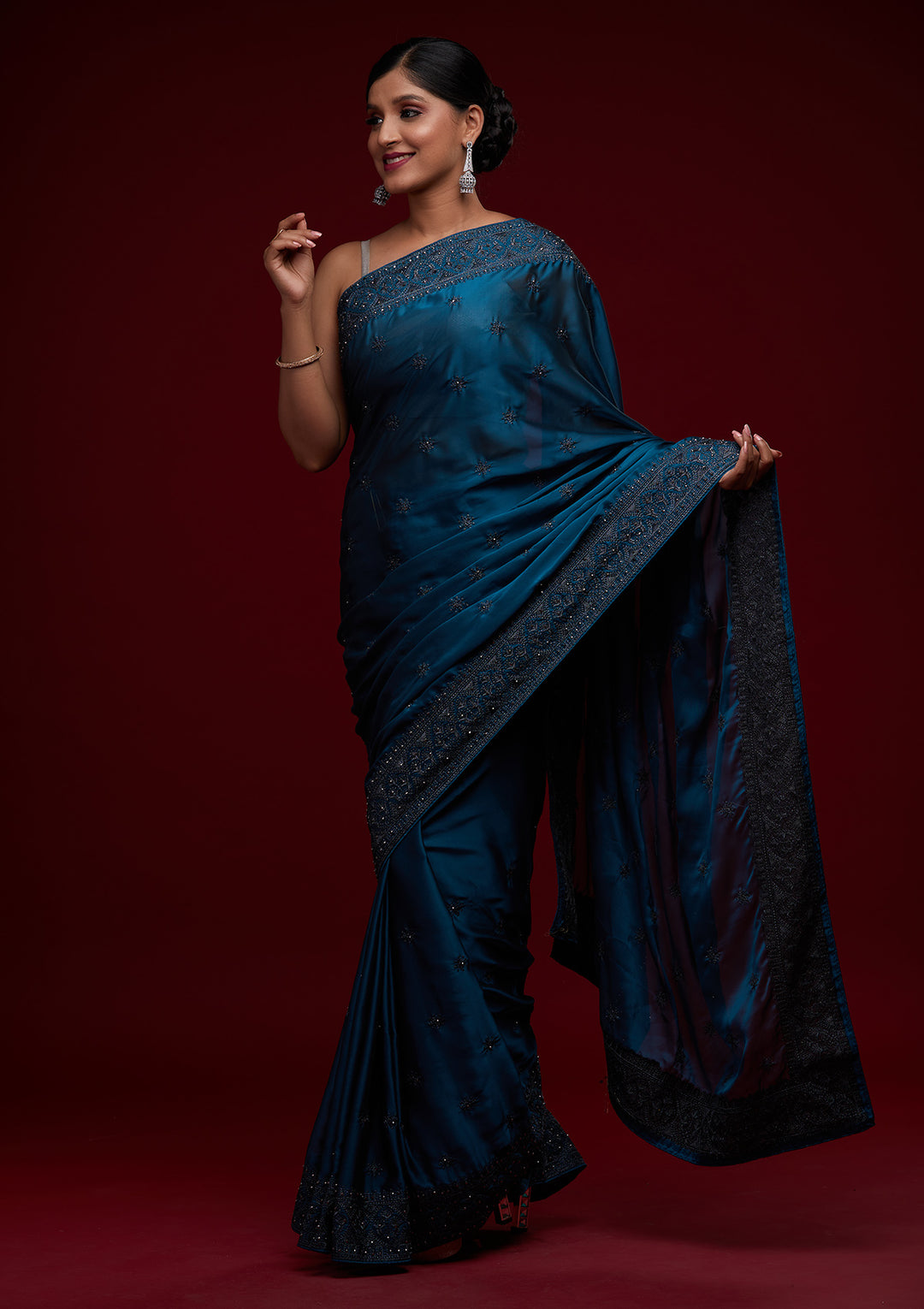 Navy Blue Swarovski Satin Saree-Koskii