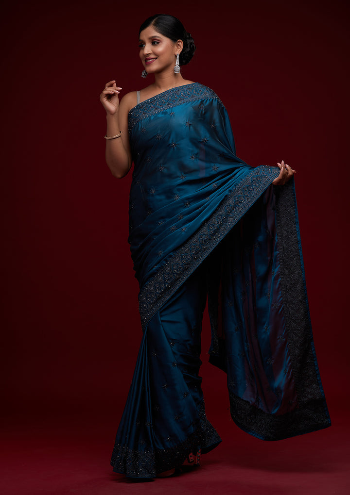 Navy Blue Swarovski Satin Saree-Koskii