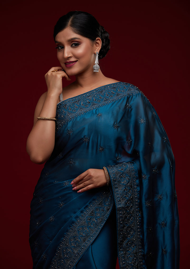 Navy Blue Swarovski Satin Saree-Koskii