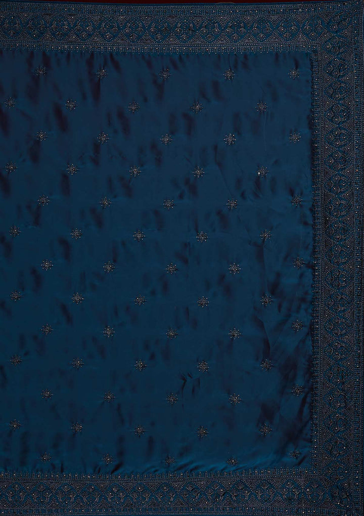 Navy Blue Swarovski Satin Saree-Koskii