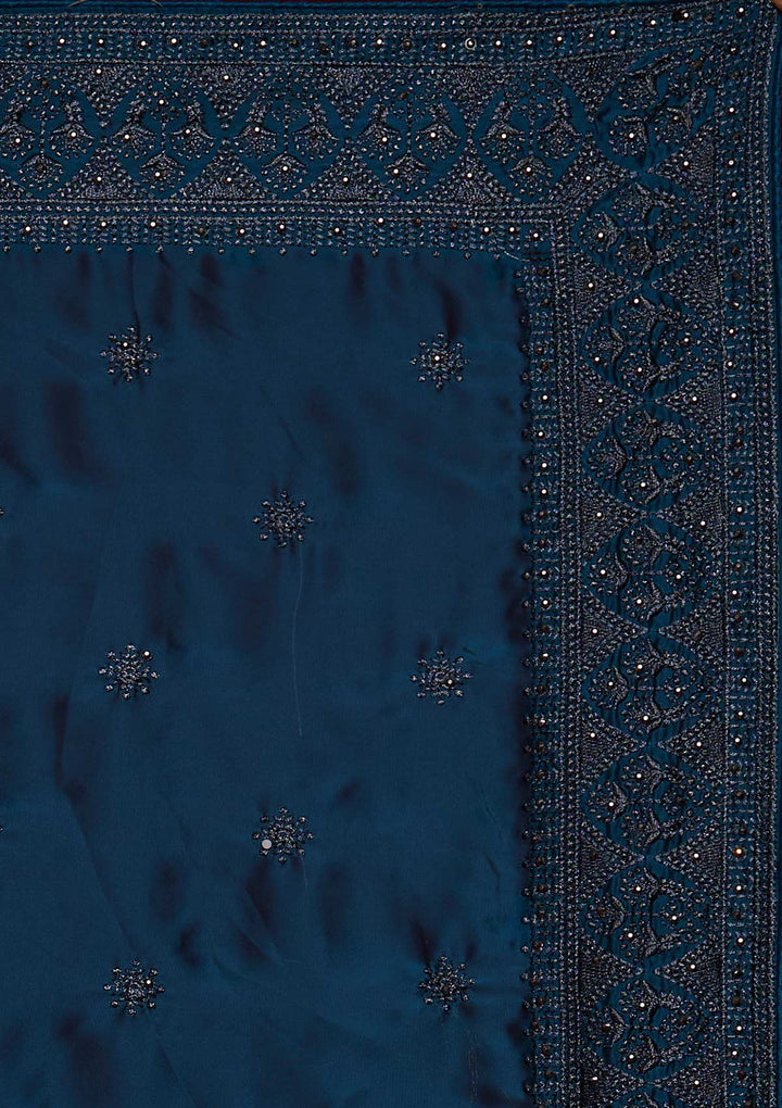 Navy Blue Swarovski Satin Saree-Koskii