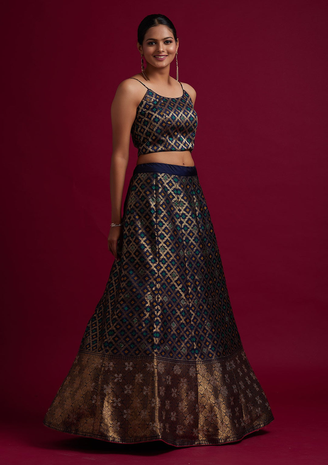 Navy Blue Swarovski Banarasi Designer Semi-Stitched Lehenga - koskii