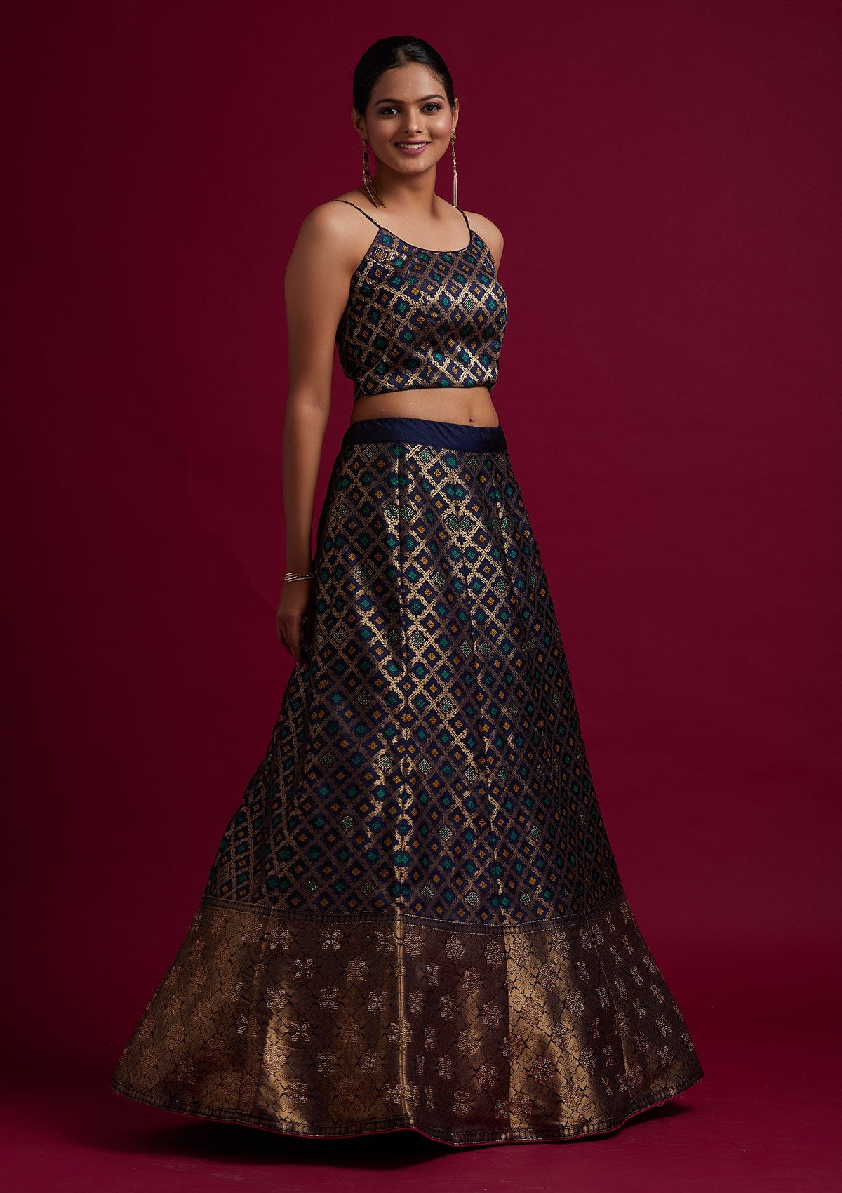 Navy Blue Swarovski Banarasi Designer Semi-Stitched Lehenga - koskii