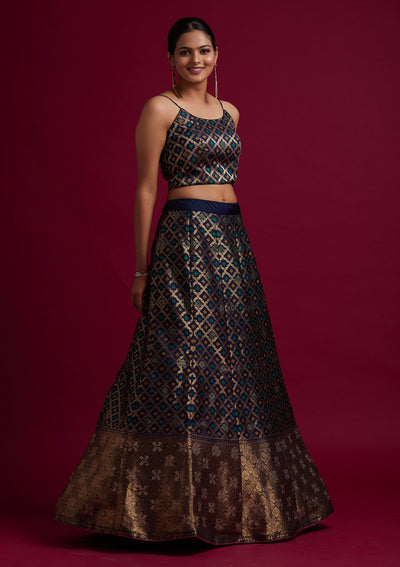 Navy Blue Swarovski Banarasi Designer Semi-Stitched Lehenga - koskii