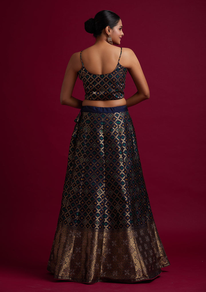 Navy Blue Swarovski Banarasi Designer Semi-Stitched Lehenga - koskii