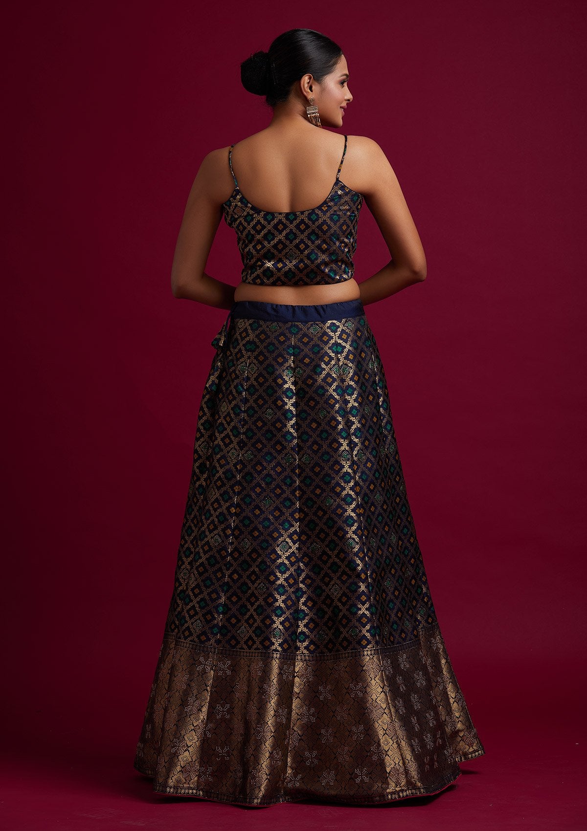 Navy Blue Swarovski Banarasi Designer Semi-Stitched Lehenga - koskii