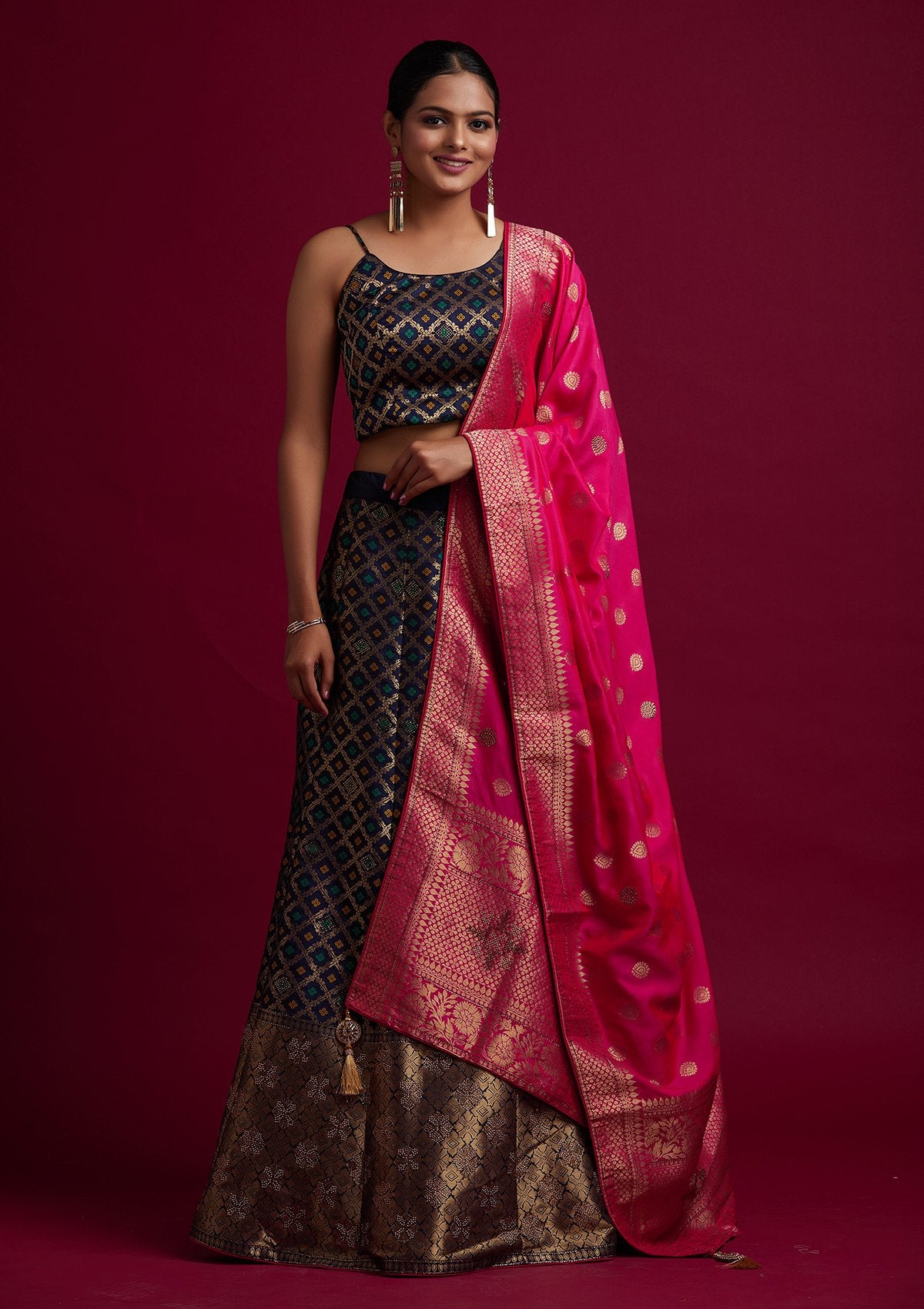 Navy Blue Swarovski Banarasi Designer Semi-Stitched Lehenga - koskii