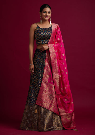 Navy Blue Swarovski Banarasi Designer Semi-Stitched Lehenga - koskii