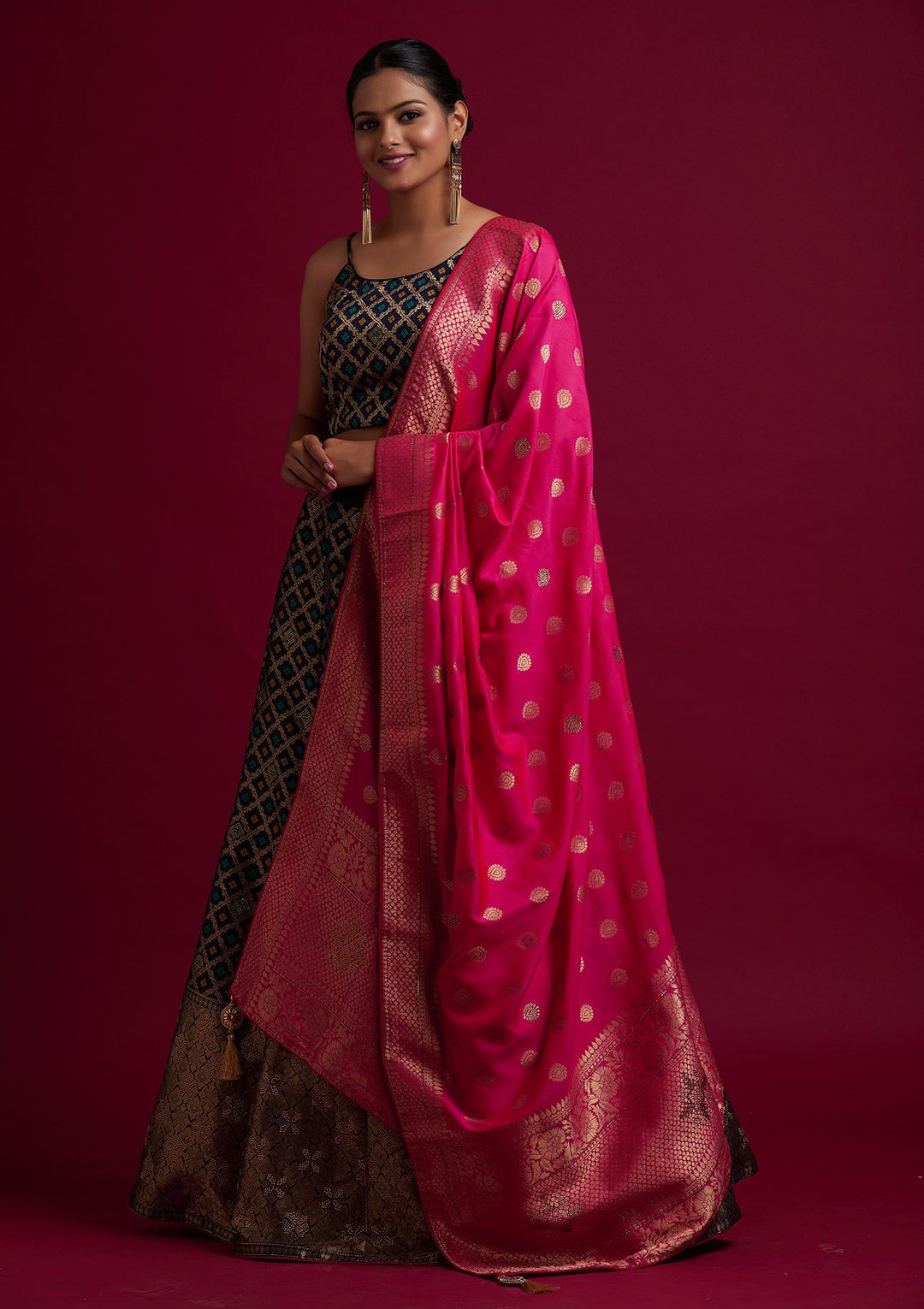 Navy Blue Swarovski Banarasi Designer Semi-Stitched Lehenga - koskii