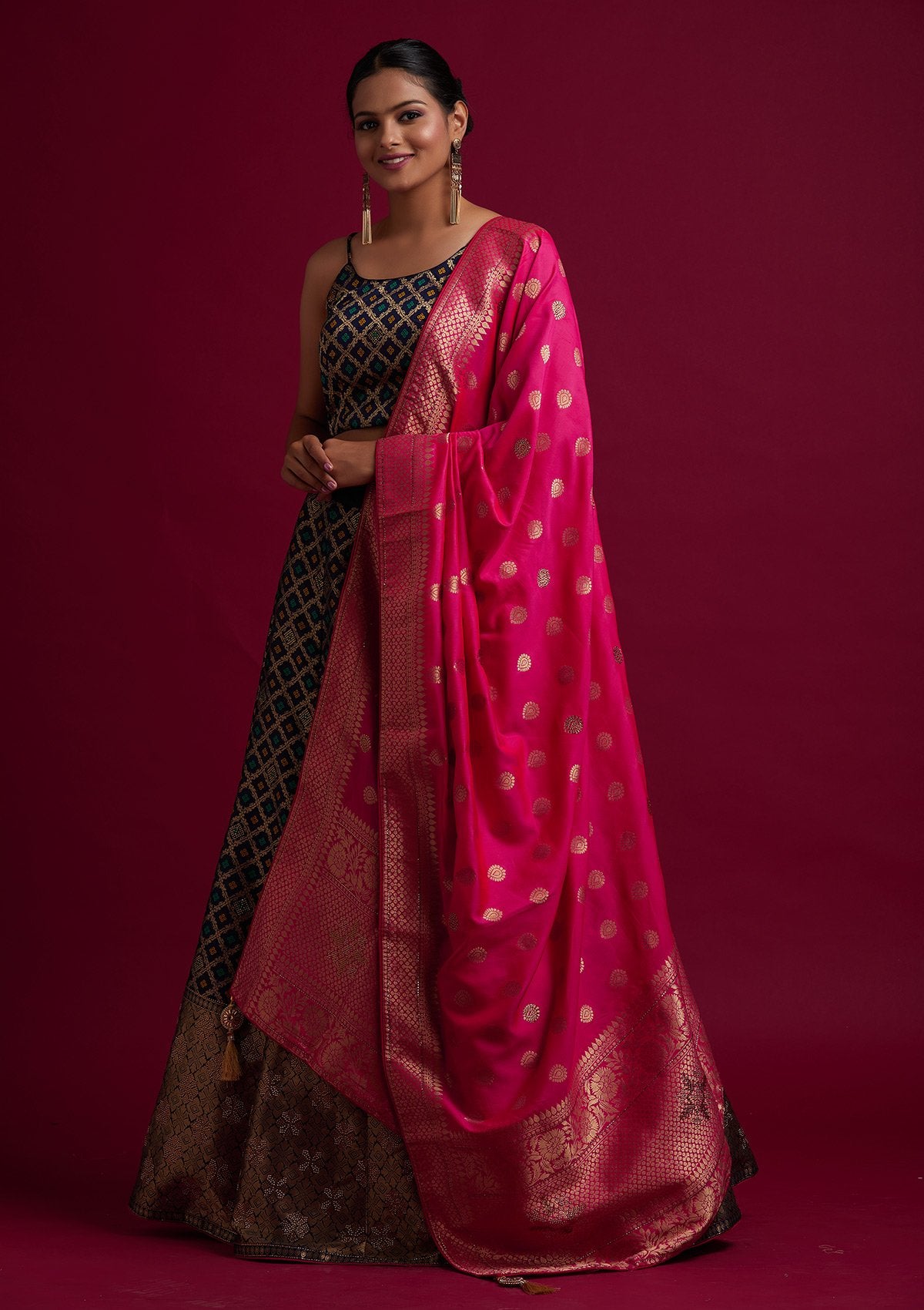 Navy Blue Swarovski Banarasi Designer Semi-Stitched Lehenga - koskii