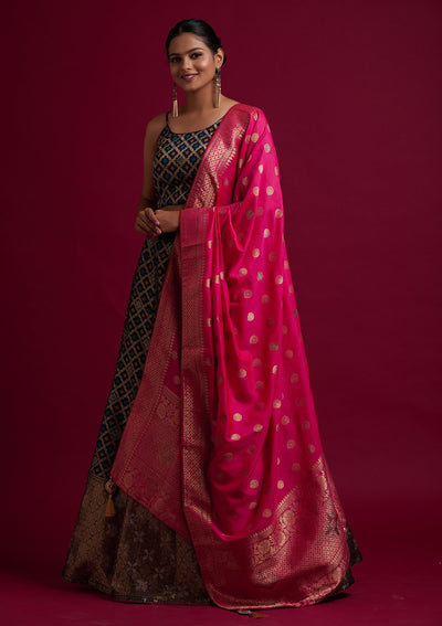 Navy Blue Swarovski Banarasi Designer Semi-Stitched Lehenga - koskii