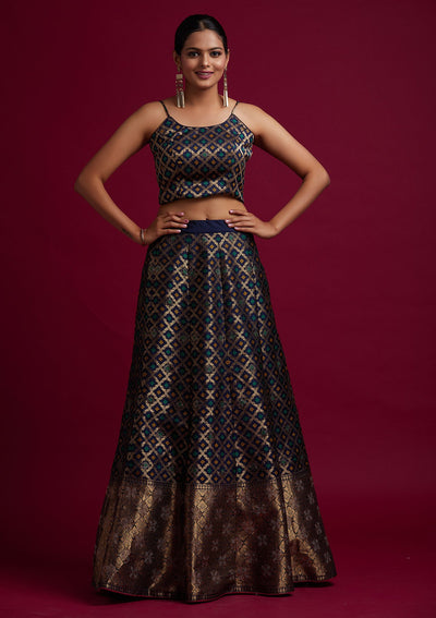 Navy Blue Swarovski Banarasi Designer Semi-Stitched Lehenga - koskii