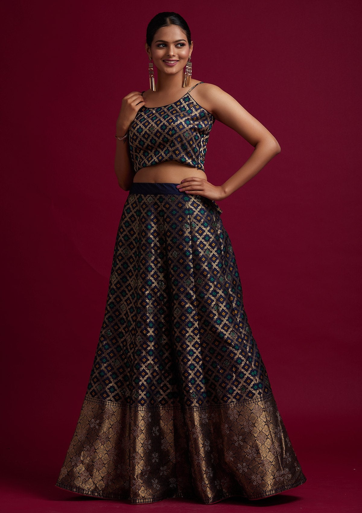 Navy Blue Swarovski Banarasi Designer Semi-Stitched Lehenga - koskii