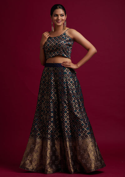 Navy Blue Swarovski Banarasi Designer Semi-Stitched Lehenga - koskii