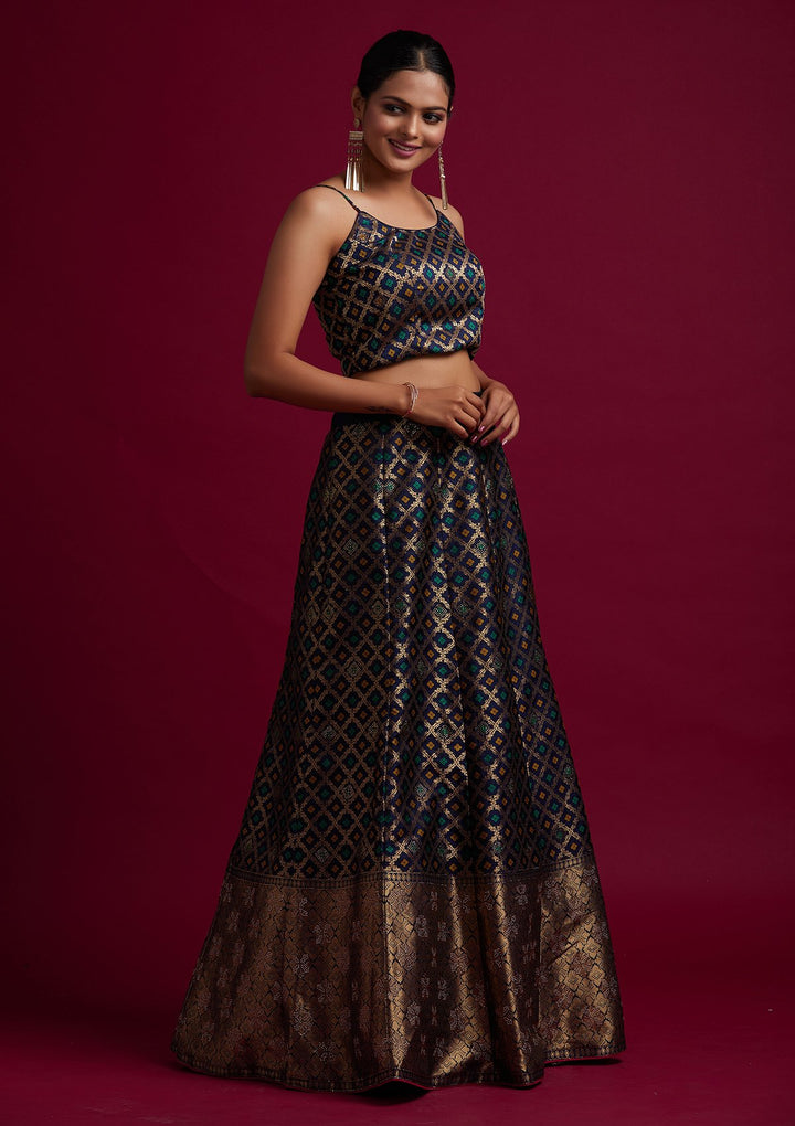Navy Blue Swarovski Banarasi Designer Semi-Stitched Lehenga - koskii