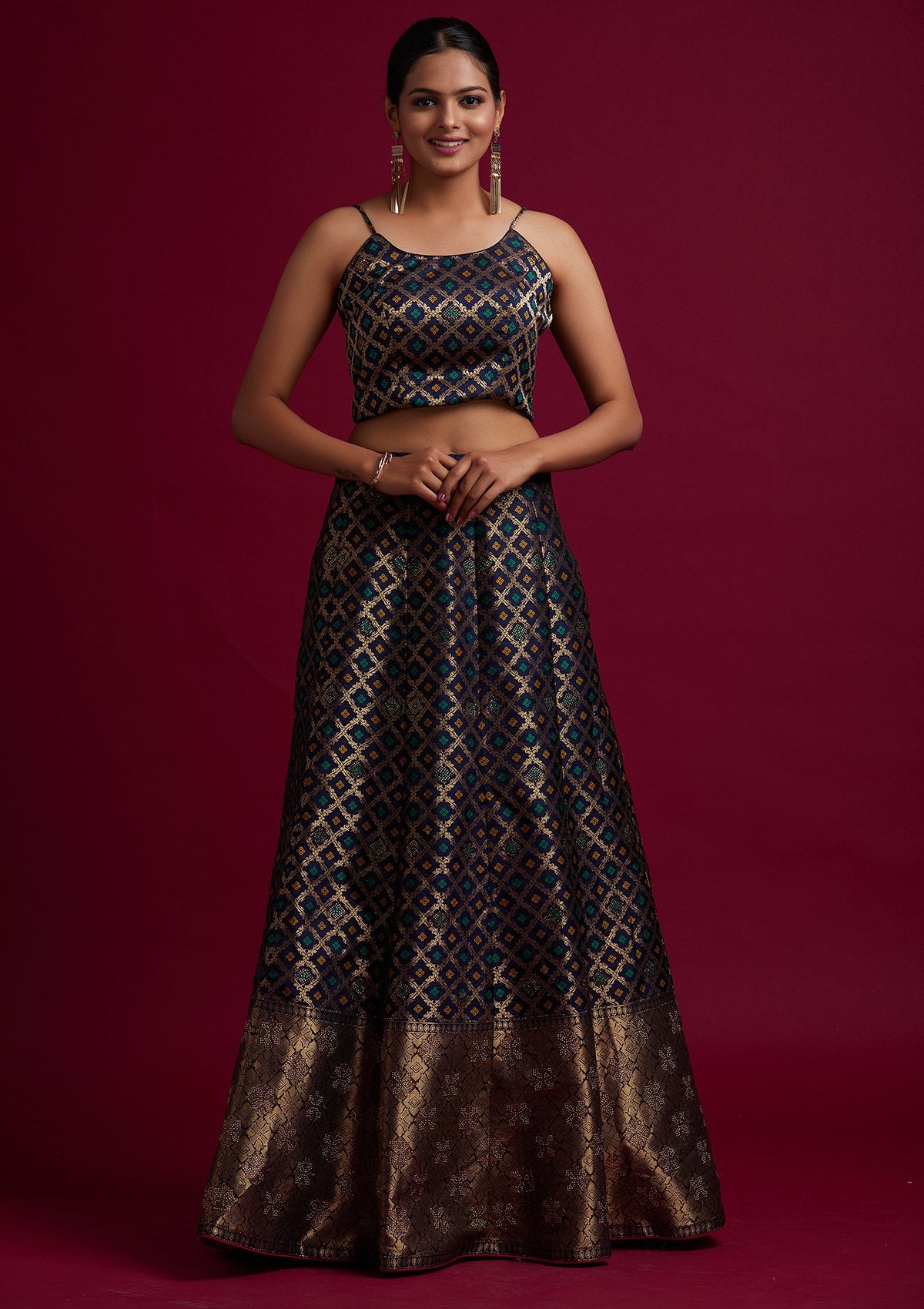 Navy Blue Swarovski Banarasi Designer Semi-Stitched Lehenga - koskii