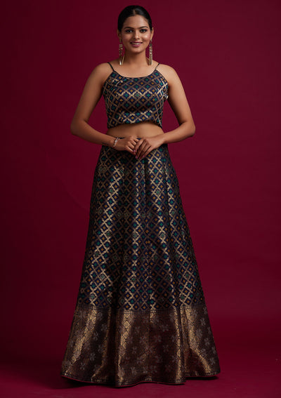 Navy Blue Swarovski Banarasi Designer Semi-Stitched Lehenga - koskii