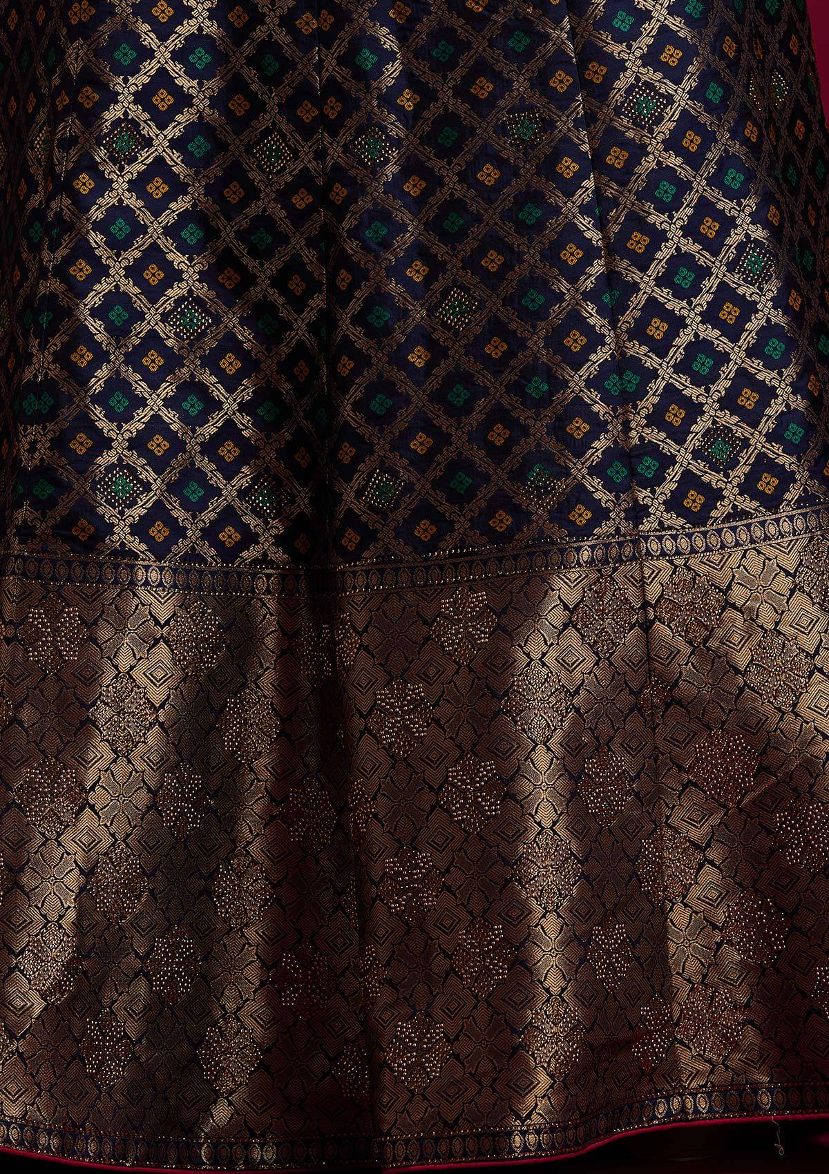 Navy Blue Swarovski Banarasi Designer Semi-Stitched Lehenga - koskii