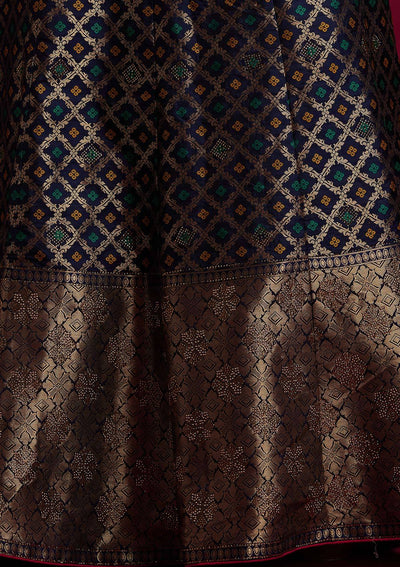 Navy Blue Swarovski Banarasi Designer Semi-Stitched Lehenga - koskii