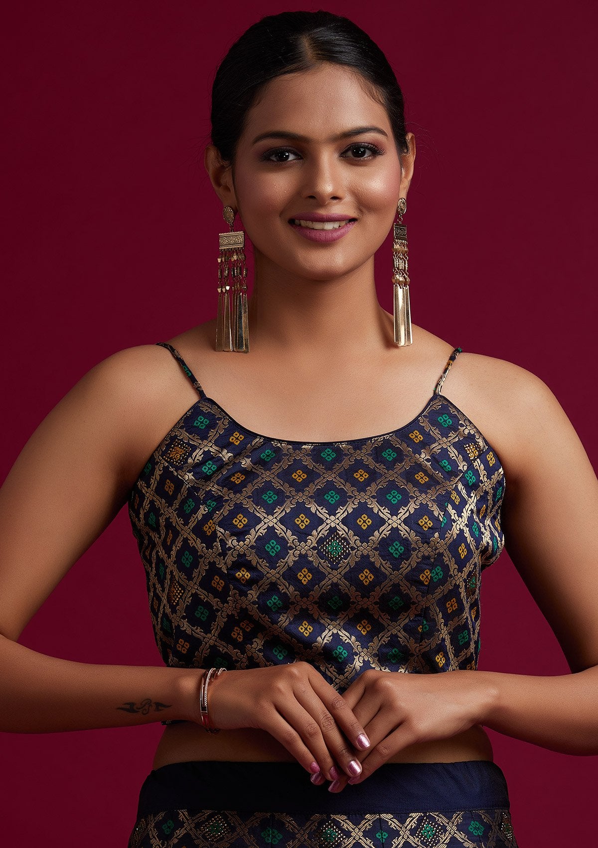 Navy Blue Swarovski Banarasi Designer Semi-Stitched Lehenga - koskii