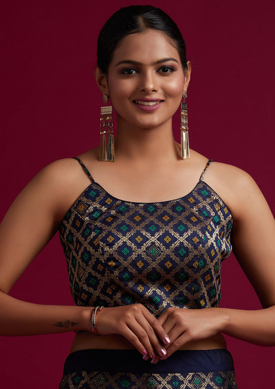 Navy Blue Swarovski Banarasi Designer Semi-Stitched Lehenga - koskii