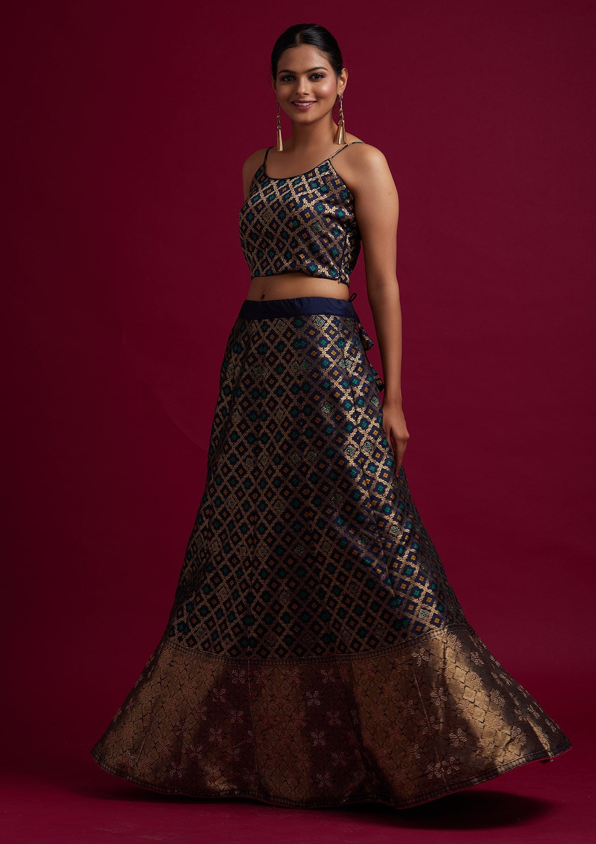 Navy Blue Swarovski Banarasi Designer Semi-Stitched Lehenga - koskii