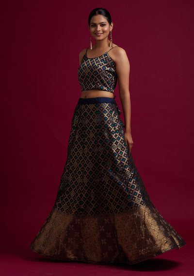 Navy Blue Swarovski Banarasi Designer Semi-Stitched Lehenga - koskii
