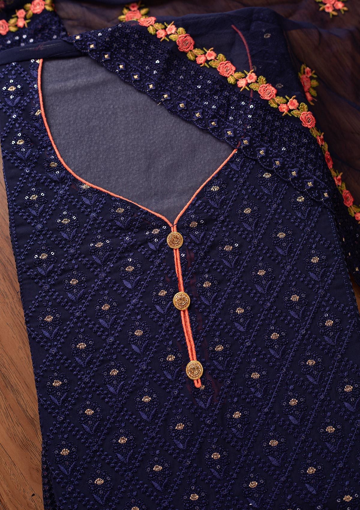 Navy Blue Swarovski Georgette Designer Semi-Stitched Salwar Suit - koskii