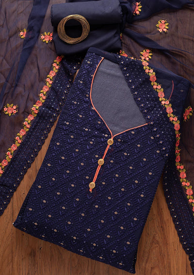 Navy Blue Swarovski Georgette Designer Semi-Stitched Salwar Suit - koskii