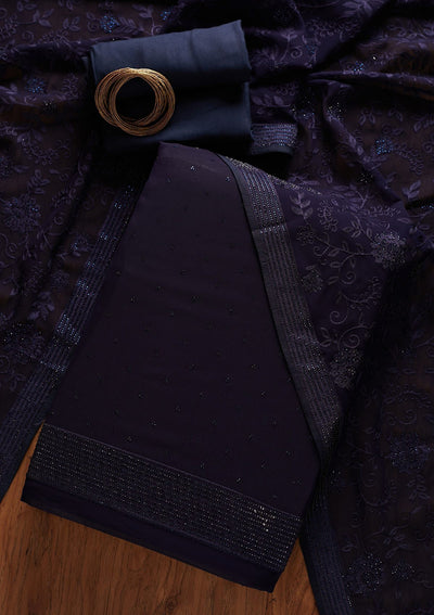 Navy Blue Swarovski Georgette Designer Unstitched Salwar Suit - koskii