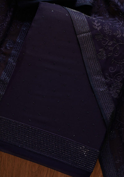 Navy Blue Swarovski Georgette Designer Unstitched Salwar Suit - koskii