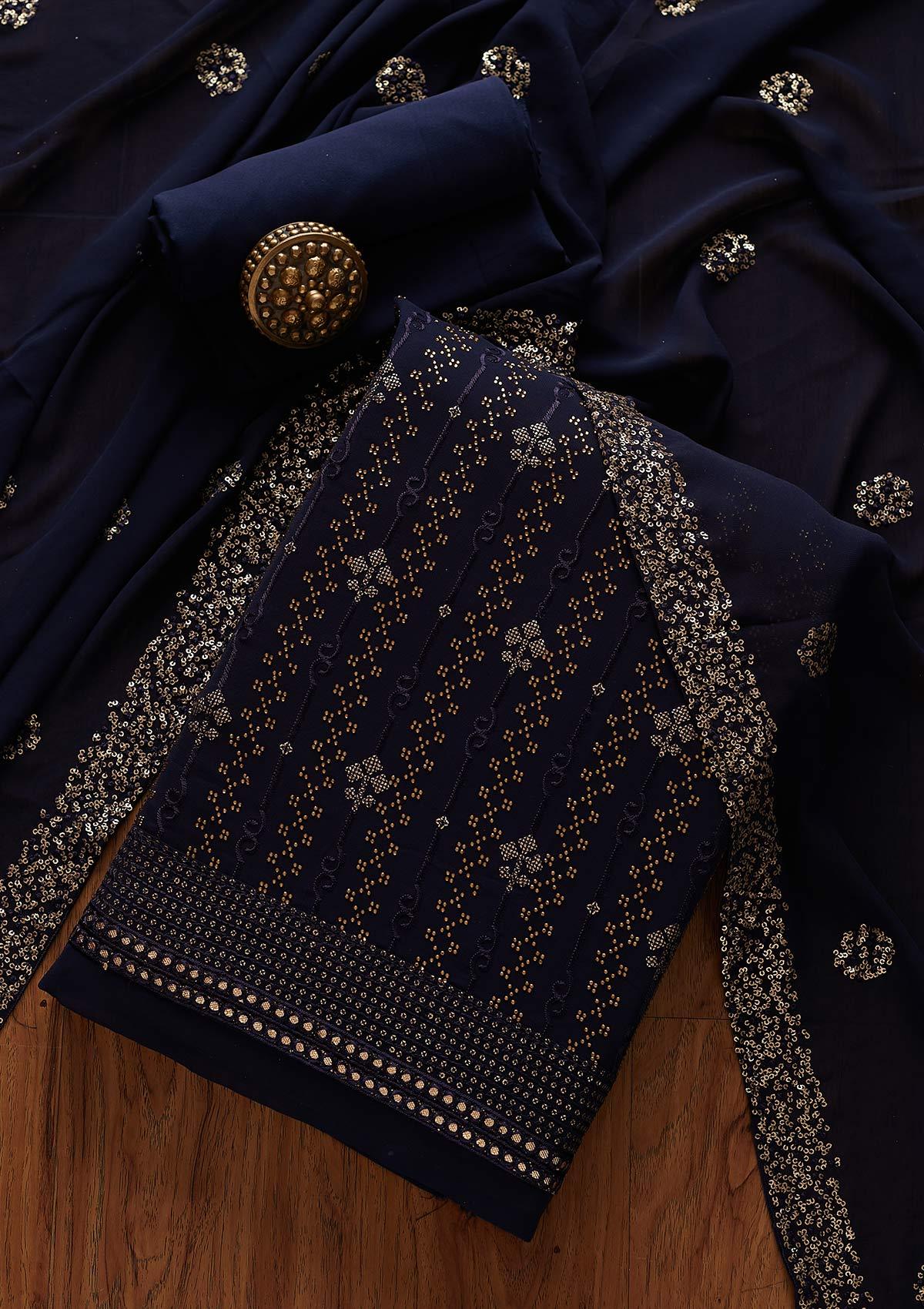 Navy Blue Swarovski Georgette Designer Unstitched Salwar Suit - koskii