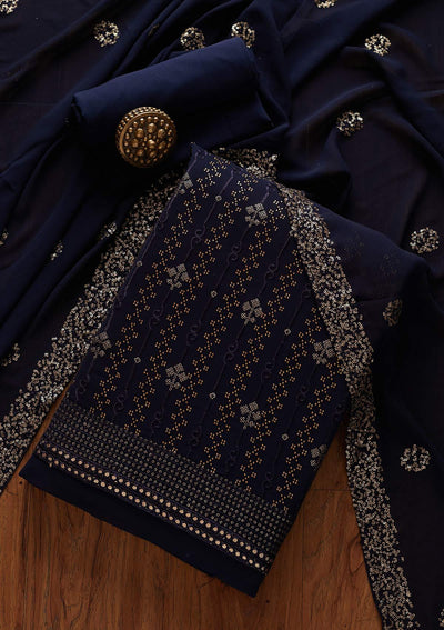 Navy Blue Swarovski Georgette Designer Unstitched Salwar Suit - koskii