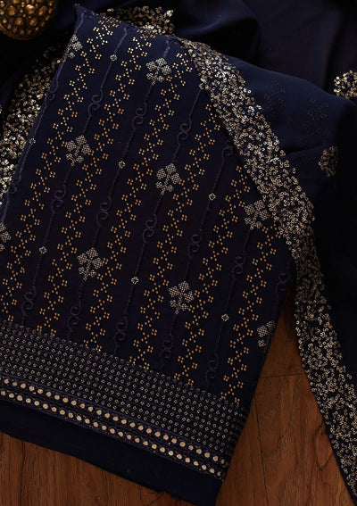 Navy Blue Swarovski Georgette Designer Unstitched Salwar Suit - koskii
