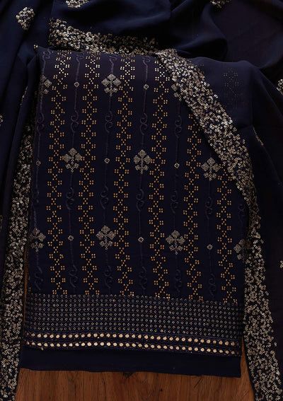 Navy Blue Swarovski Georgette Designer Unstitched Salwar Suit - koskii