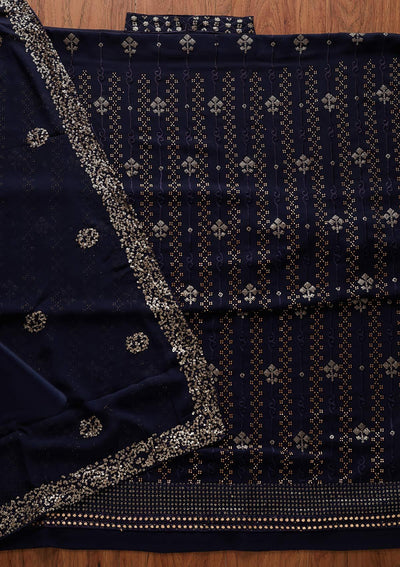 Navy Blue Swarovski Georgette Designer Unstitched Salwar Suit - koskii