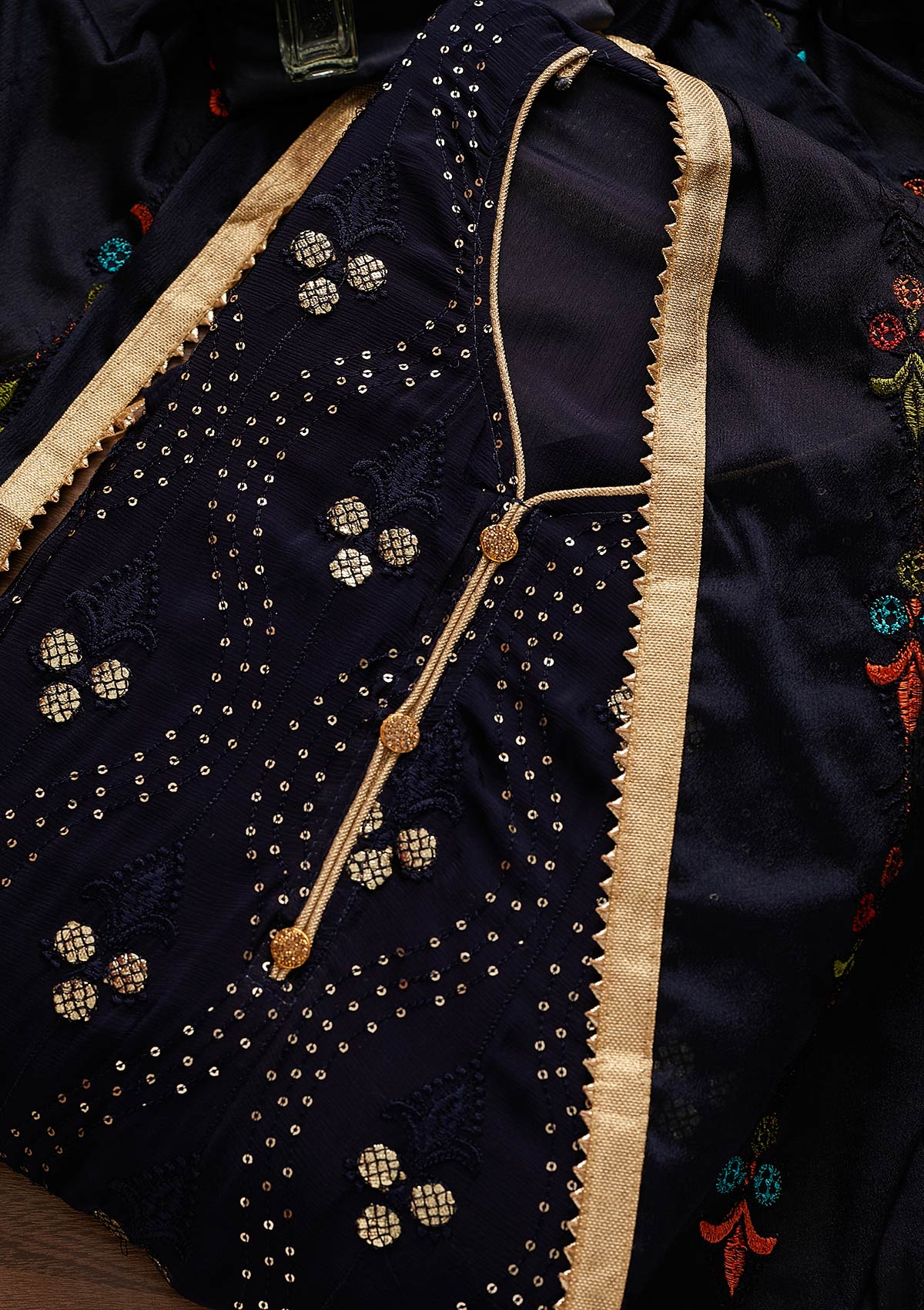 Navy Blue Swarovski Georgette Designer Unstitched Salwar Suit - Koskii