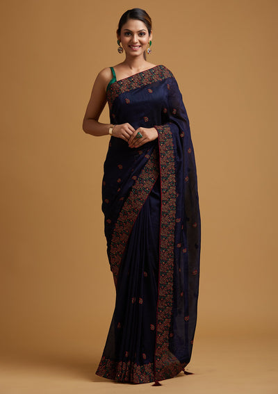 Navy Blue Threadwork Art Silk Designer Saree - koskii