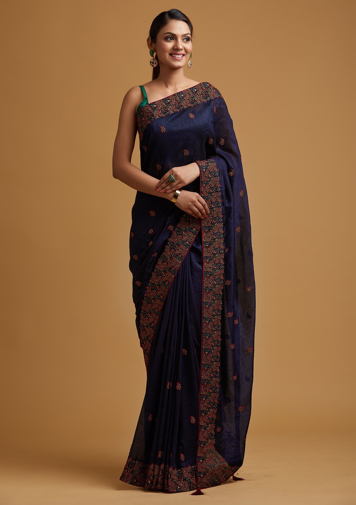 Buy Navy Blue Threadwork Raw Silk Saree Koskii