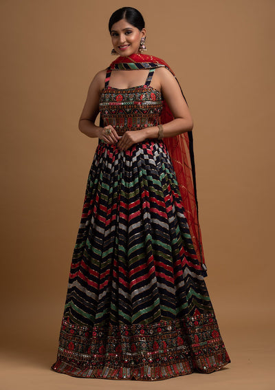 Navy Blue Threadwork Georgette Designer Lehenga - koskii