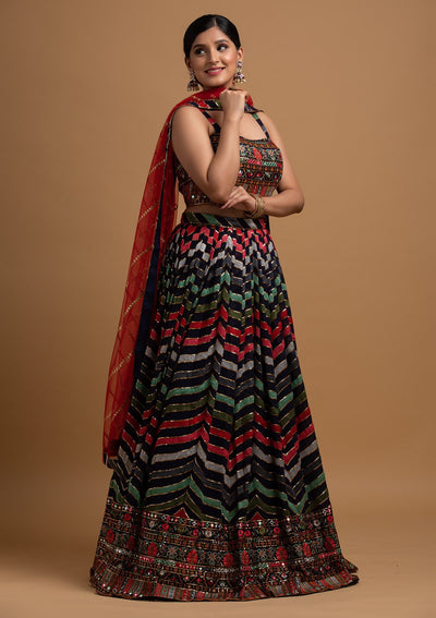 Navy Blue Threadwork Georgette Designer Lehenga - koskii
