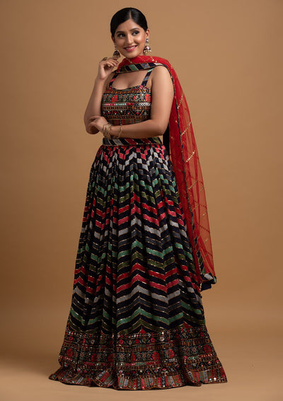 Navy Blue Threadwork Georgette Designer Lehenga - koskii