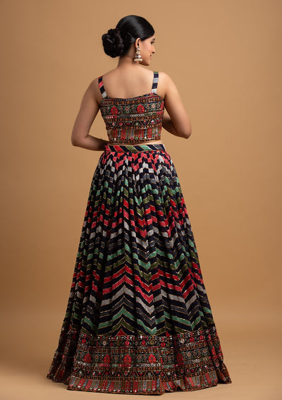 Navy Blue Threadwork Georgette Designer Lehenga - koskii