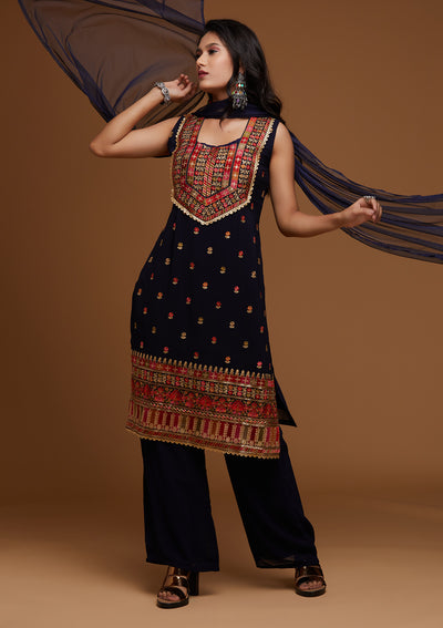Navy Blue Threadwork Georgette Designer Salwar Suit - Koskii