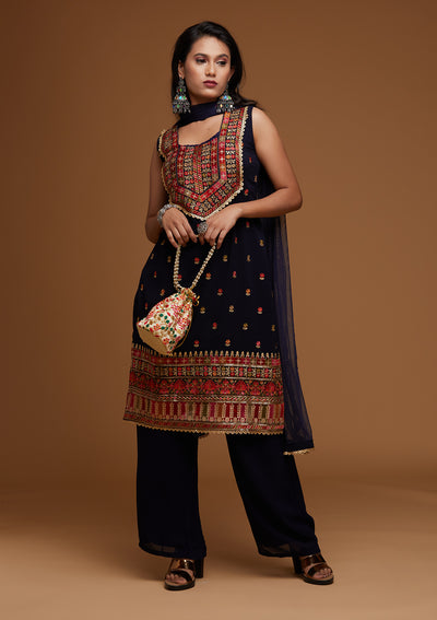 Navy Blue Threadwork Georgette Designer Salwar Suit - Koskii